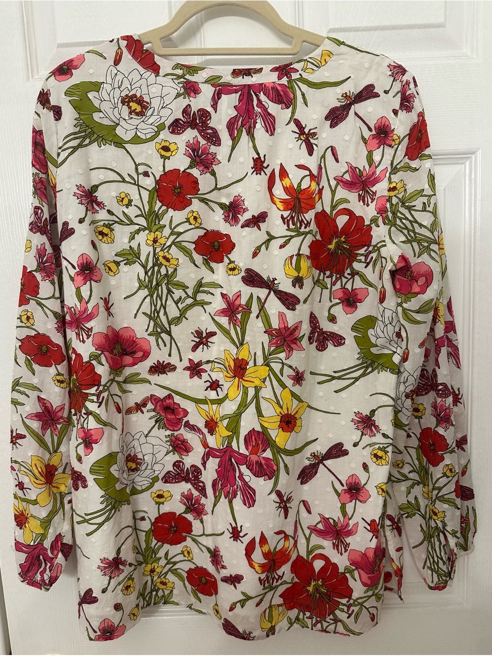 Talbots White Floral Split-Neck Tunic with Pink, Red & Yellow Blooms - Picture 2 of 6